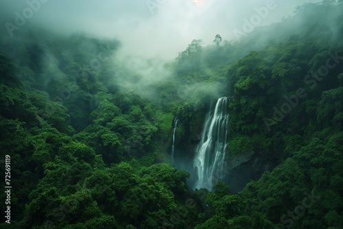 Tropical Forest Waterfall Flowing Through Dark Shades of Lush Greenery