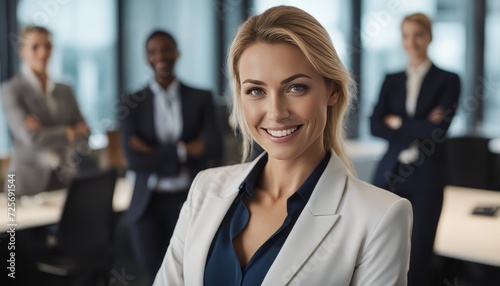 Female leader, manager or CEO with a smile, mission and vision in the office and her team in the background