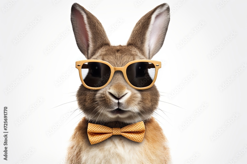 Cool Easter bunny with sunglasses and a bow tie on white background.