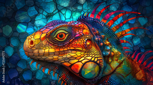 close up of a colorful iguana