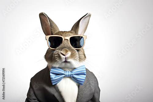 Cool Easter bunny with sunglasses and a bow tie on white background.