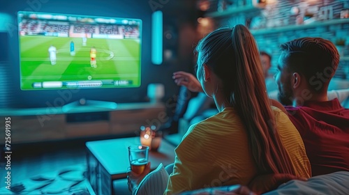 Rear view of young couple watching football match on tv at home, ai generative