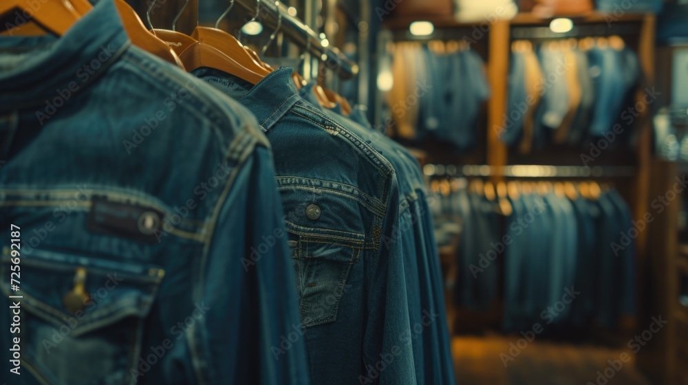 A row of jeans hanging on a rack in a store. Suitable for fashion or retail concepts