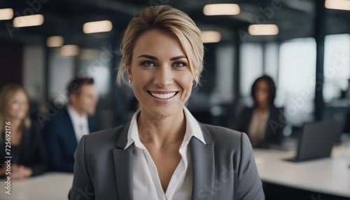 Female leader, manager or CEO with a smile, mission and vision in the office and her team in the background