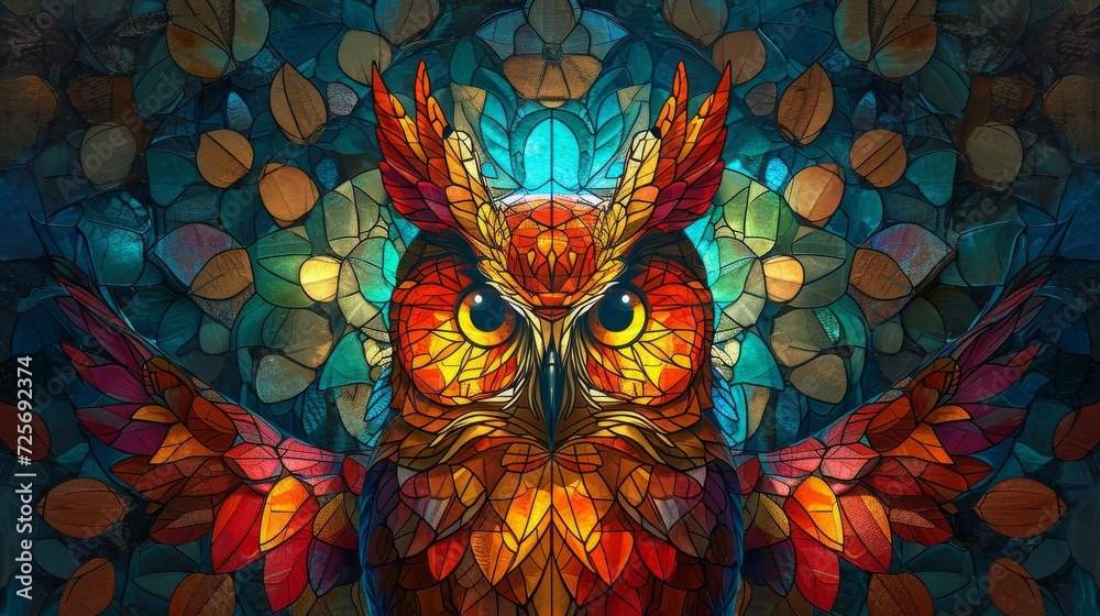 Stained glass window background with colorful Owl abstract