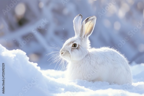 A white rabbit sitting in the snow. Perfect for winter-themed designs and animal lovers