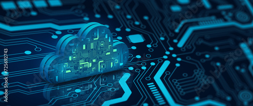 Cloud computing technology internet on Converging point of circuit with Abstract blue background. Cloud Service, Cloud Storage Concept. 3D illustration.