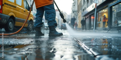A man is using a hose to clean a street. This image can be used to depict street cleaning or maintenance activities