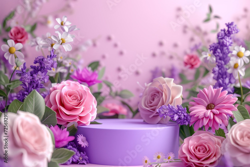 3d purple podium background with pink and purple roses. Mockup for product presentation. Display for cosmetics.