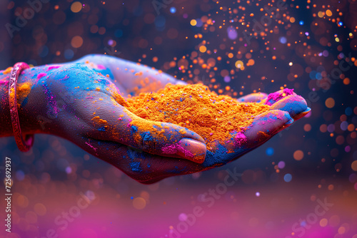 Holi festival. A hand covered in vivid blue and orange powders celebrates the joyous spirit of the Holi festival, a traditional Hindu celebration.