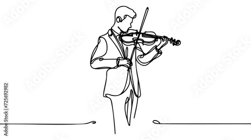Continuous one line drawing of man playing violin in silhouette on a white background. Linear stylized