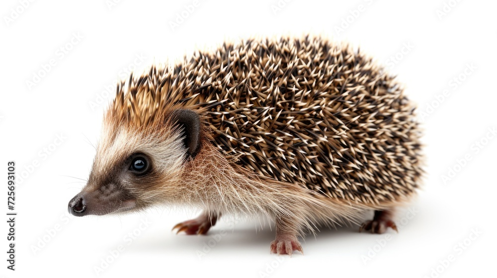 Obraz premium A cute small hedgehog standing on a white surface. Perfect for nature or animal-themed designs