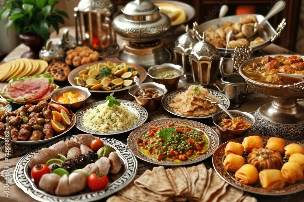 Ramadan Mubarak Iftar/Suhoor feast celebration, Traditional Islamic Muslim religious holy month of fasting