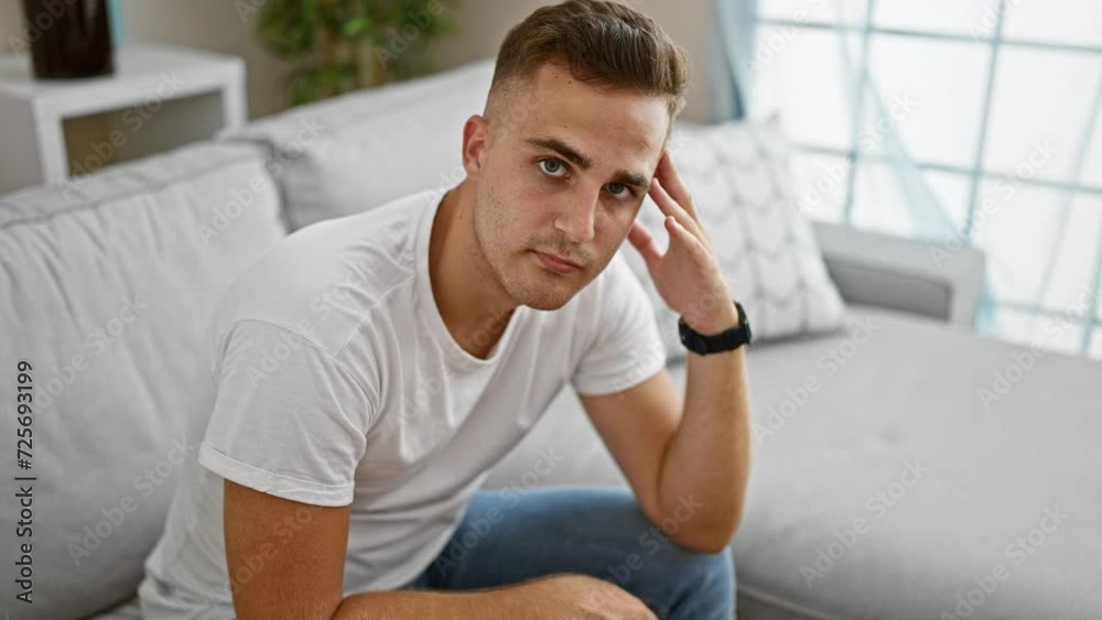 A contemplative young man seated indoors with a modern living room backdrop, exuding a casual yet thoughtful atmosphere. A contemplative young man seated indoors with a modern living room backdrop, exuding a casual yet thoughtful atmosphere.