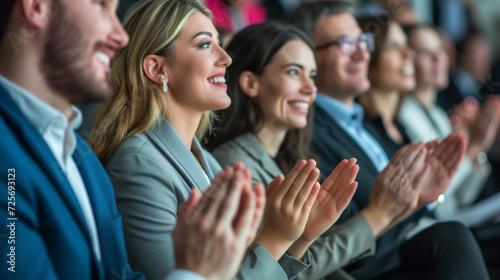 Smiling business professionals in the audience at a seminar, applauding and celebrating success and teamwork. A vibrant workshop or conference filled with joy and support