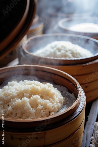 A close-up photograph of a bowl filled with rice on a table. This image can be used to depict a variety of concepts such as food, nutrition, cooking, or Asian cuisine