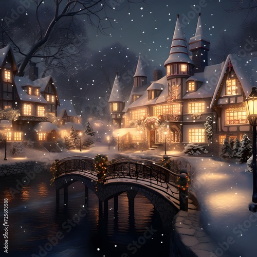 Digital painting of a winter night in the old town of Gdansk, Poland