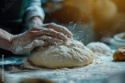 A person is kneading dough on a table. This image can be used to depict baking, cooking, or food preparation