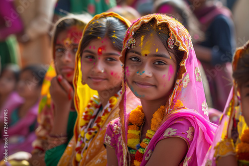 Holi festival. India young girls adorned with vibrant colors and traditional attire smile during the festive celebrations of the Holi festival in India.