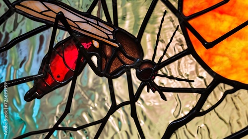 Stained glass image of a mosquito feeding on blood.