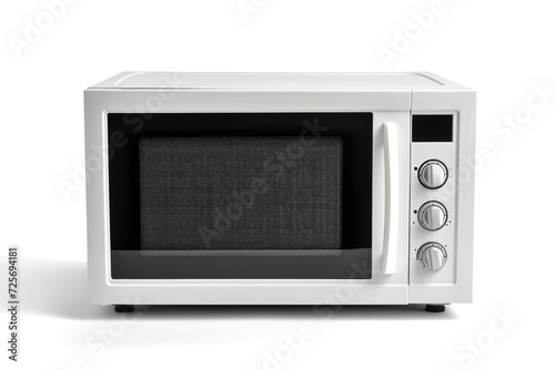White microwave oven sitting on top of a white counter. Suitable for kitchen and home appliance concepts