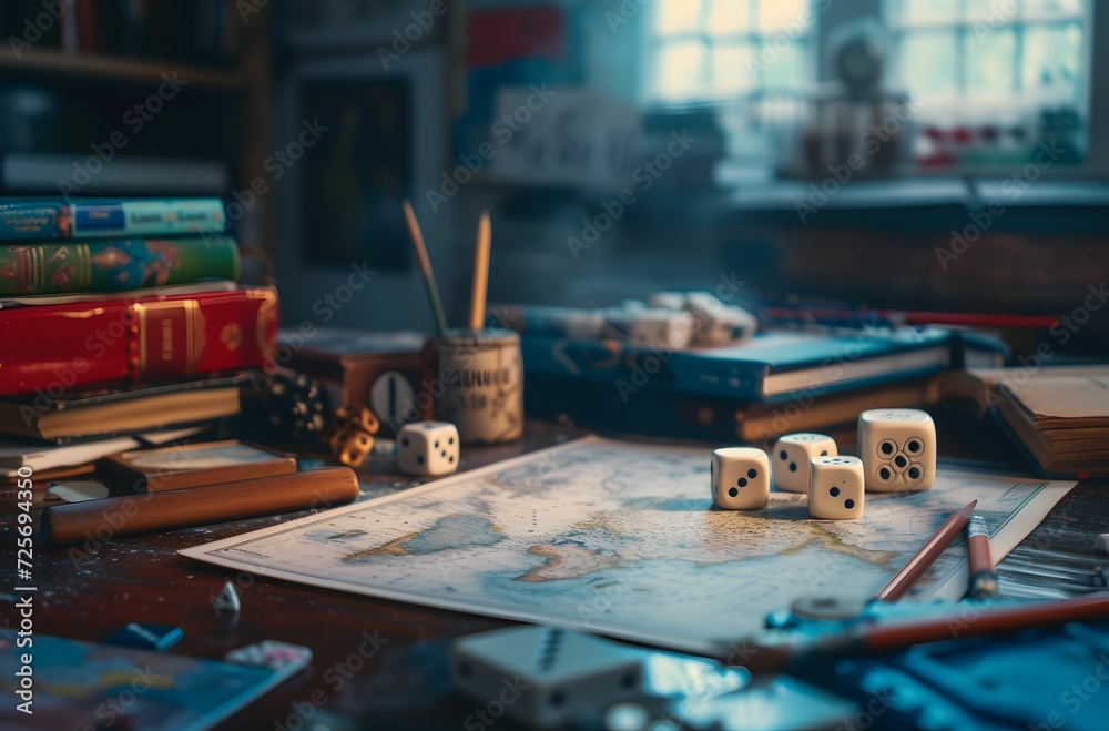 Tabletop Games - A Desk Set for Adventure: Dice, Books, and Pencil Await Your Imagination Tabletop Games - A Desk Set for Adventure: Dice, Books, and Pencil Await Your Imagination