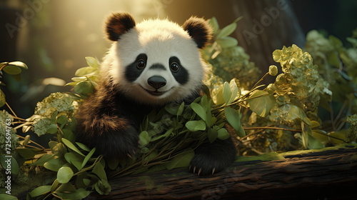 Baby panda with leaves in natural habitat © Aleksandra Ermilova
