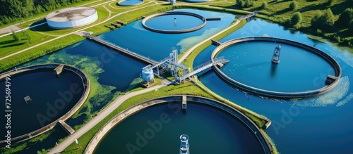 Water purification in modern urban wastewater treatment plants involves the removal of unwanted chemicals from the aerial perspective.