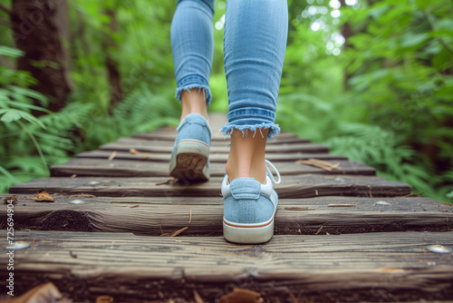 Closeup legs of a woman wearing blue jeans and sneakers, step further on the wood bridge in the green forest environment, go green, moving forward, outdoor exercise