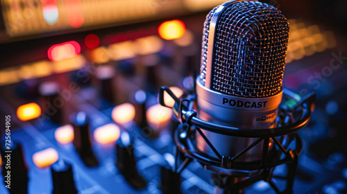 A close-up view of a professional podcast microphone with ambient studio lighting, highlighting a modern digital audio recording setup.