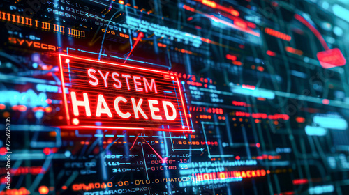 Cybersecurity Breach Alert with "System Hacked" Sign.A digital interface with glowing lines of code and a prominent "System Hacked" warning, highlighting a cybersecurity breach incident.