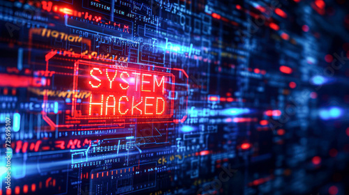 Cybersecurity Breach Alert with "System Hacked" Sign.A digital interface with glowing lines of code and a prominent "System Hacked" warning, highlighting a cybersecurity breach incident. © Kowit