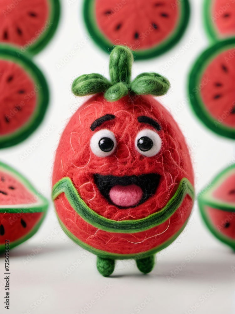 Photo Of A Needle-Felted Cartoon Watermelon Character Isolated On A White Background