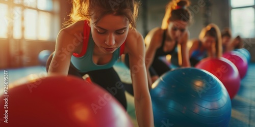 Women in a group are doing push ups on exercise balls. This image can be used to illustrate fitness, group exercise, strength training, or women's health photo