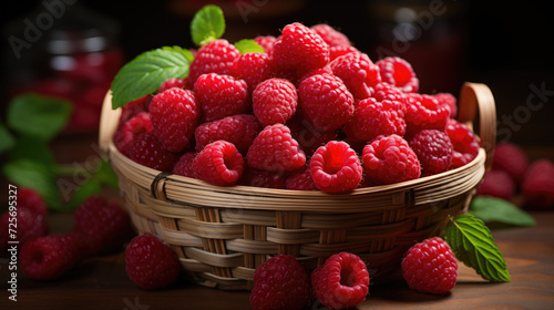 Fresh ripe raspberries in a basket on a wooden table 