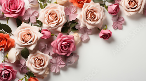 Pink roses flowers on a white background.  Copy space.  Flower frame. 