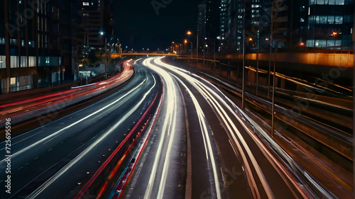 Cars lights on the road of modern city at night time. Timelapse, hyperlapse of transportation. Motion blur, light trails, abstract soft glowing lines