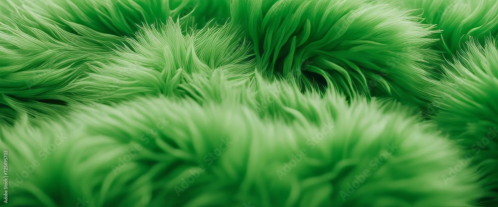 green fur texture top view. green sheepskin background. Fur pattern. Texture of green shaggy