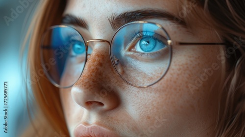 A close-up view of a woman wearing glasses. This image can be used to represent intelligence, professionalism, or the concept of vision
