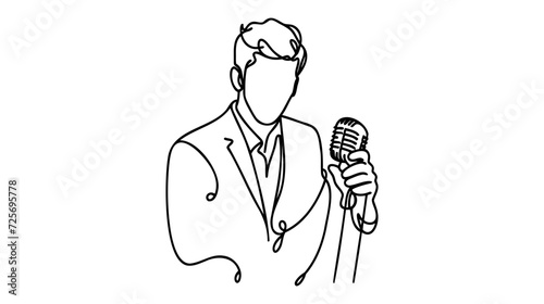 Young man singing in a retro microphone. Continuous one line drawing. Vector illustration