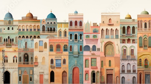Illustration of traditional buildings and Middle Eastern culture, with windows and domes.
