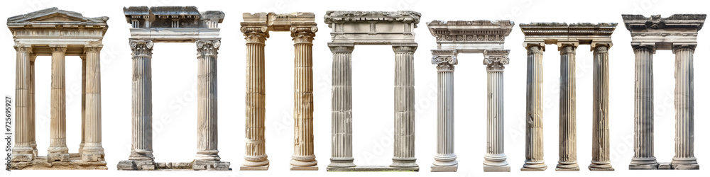 Classic antique marble column set. white doric column. ancient greek pillar. isolated on white background or transparent background - obrazy, fototapety, plakaty 