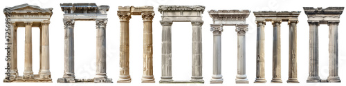 Classic antique marble column set. white doric column. ancient greek pillar. isolated on white background or transparent background photo
