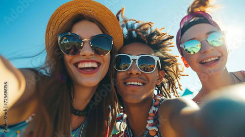 Group of friends taking selfie at music festival