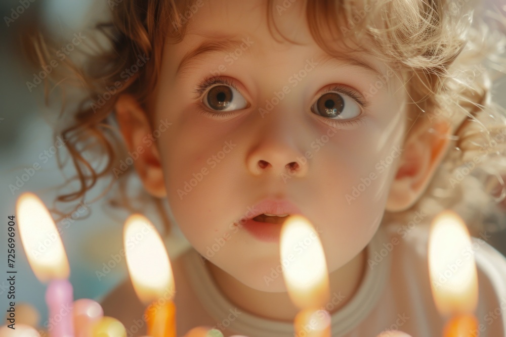Εκτύπωση καμβά A little girl looks at a birthday cake with lit candles