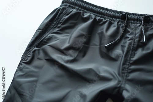 A detailed view of a pair of black pants. Can be used to showcase fashion, style, or clothing options