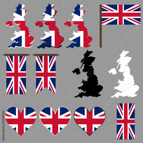 Great Britain icons. Map and flag of Great Britain. Vector illustration