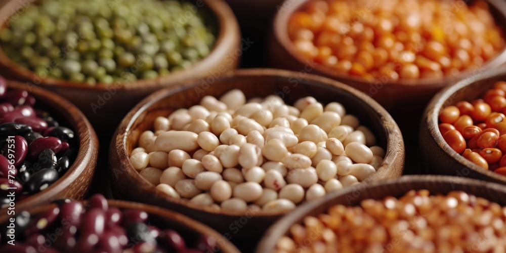 A collection of different types of beans and legumes displayed in wooden bowls. Perfect for food and nutrition-related projects