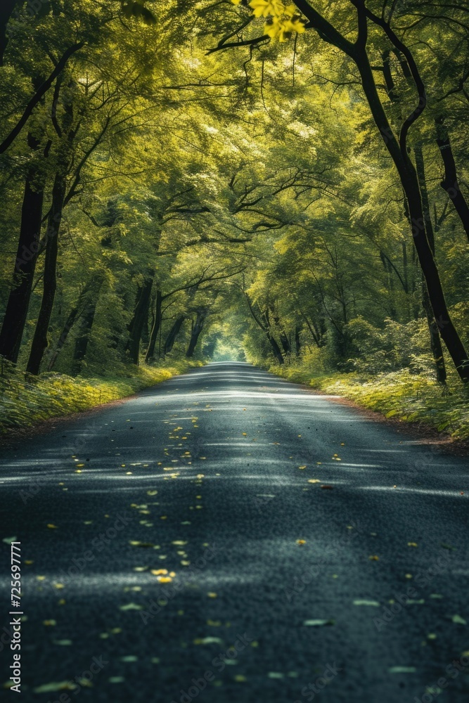 Obraz premium A peaceful road surrounded by trees in the heart of a dense forest. Perfect for nature lovers and travel enthusiasts