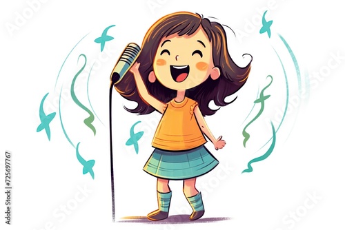 Cute girl singing with microphone. AI Generated